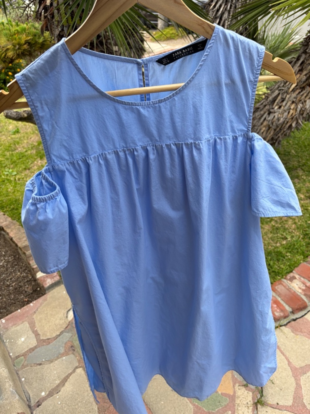 Zara Baby Blue Babydoll Dress Romper Size Large Off Shoulder Poplin 🩵